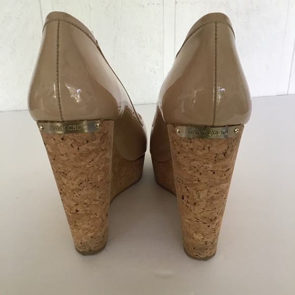 JIMMY CHOO NUDE PATENT LEATHER CORK WEDGE SIZE 10 - Picture 7 of 15